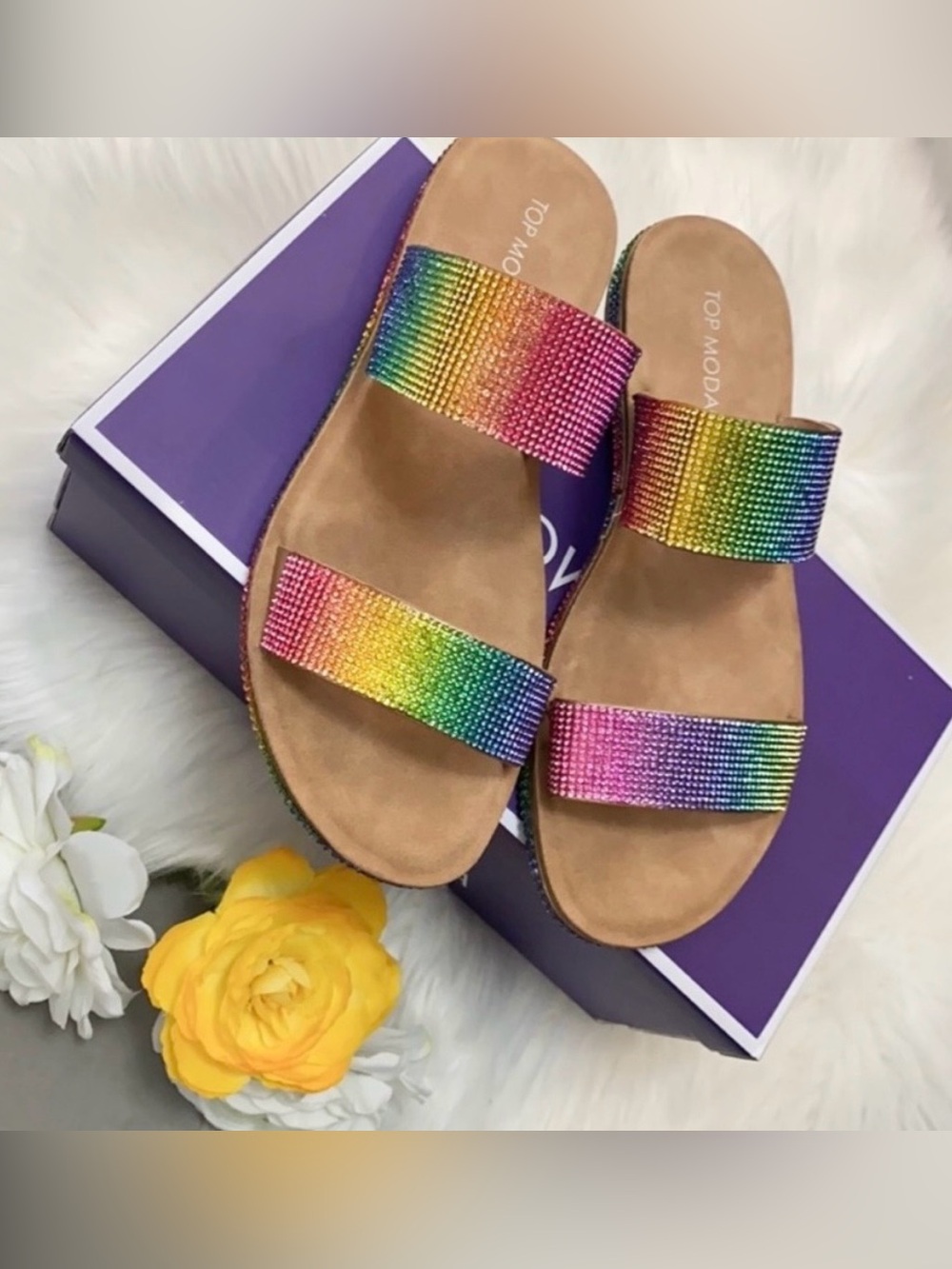 Rainbow Gemstone Rhinestone Glittery Strap Sandals By Top Moda NEW! 50% OFF